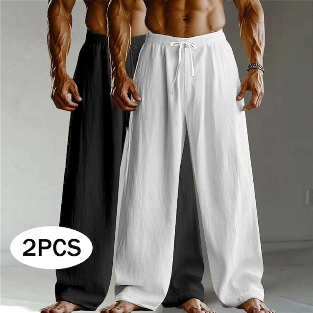 Men's Casual Solid Color Linen Straight Full Length Pants For Everyday Wear