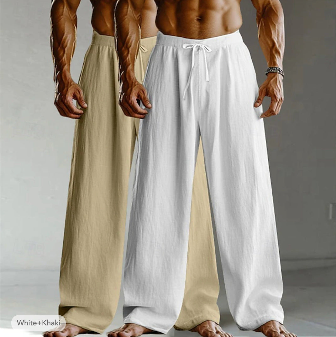 Men's Casual Solid Color Linen Straight Full Length Pants For Everyday Wear
