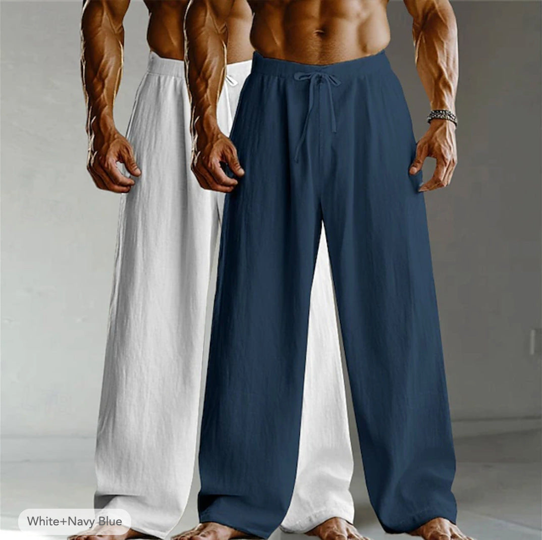 Men's Casual Solid Color Linen Straight Full Length Pants For Everyday Wear