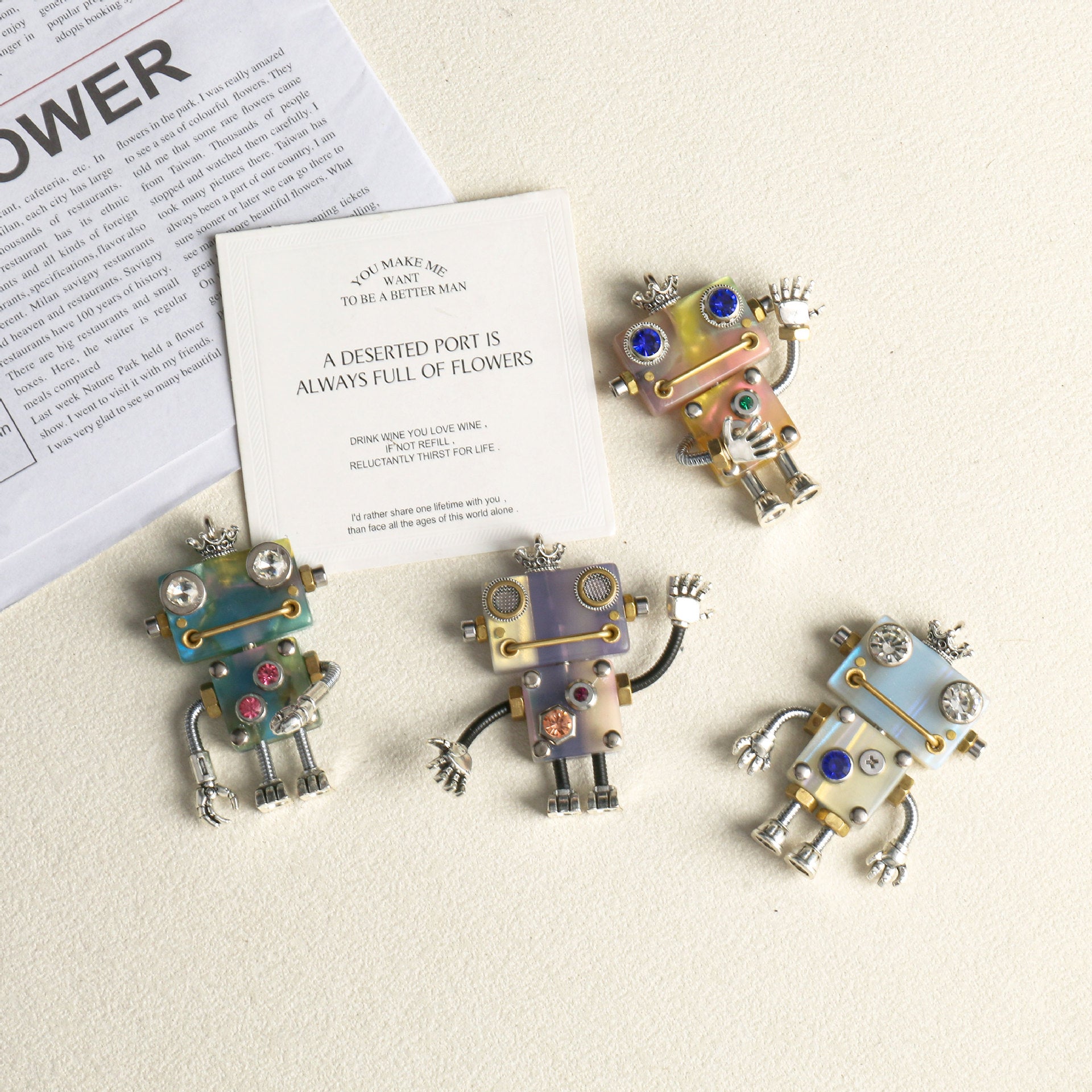 Handmade Robot Pendant In Acetic Acid Sheets Featuring Light Blue Color Jewelry Accessories