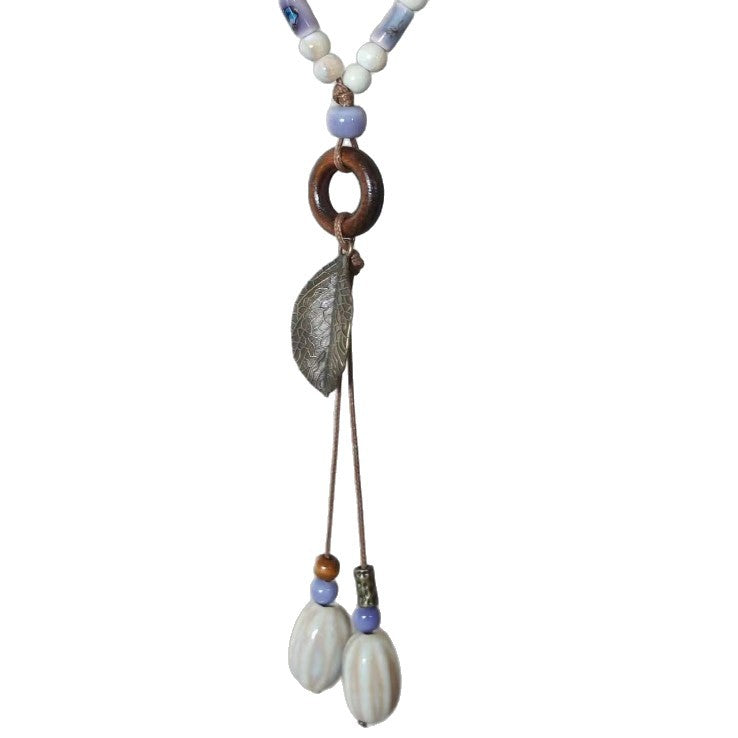 Ethnic Style Leaves Long Necklace For Women With Beading Inlay And Woven Chain In Mixed Materials