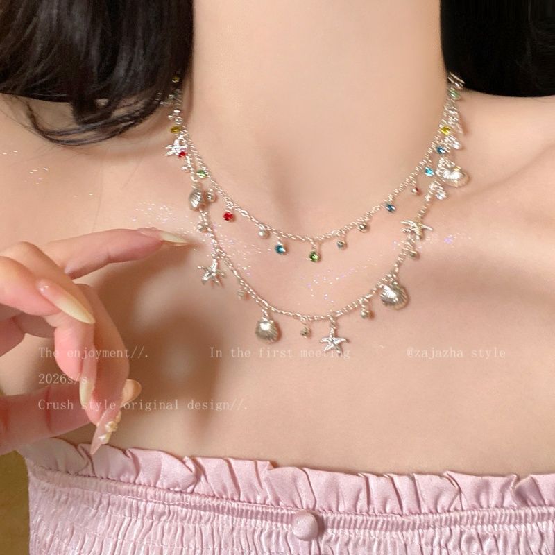 Flowers Alloy Necklace With Shell Pendant For Women, Perfect For Beach Wear