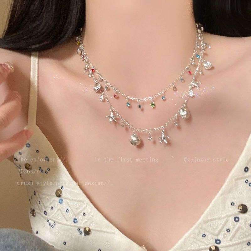 Flowers Alloy Necklace With Shell Pendant For Women, Perfect For Beach Wear
