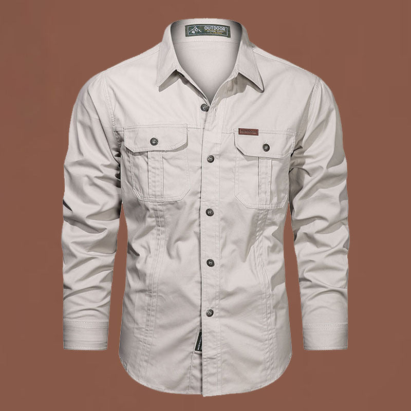Solid Color Casual Long Sleeve Blouse For Men In Cotton With Lapel Collar