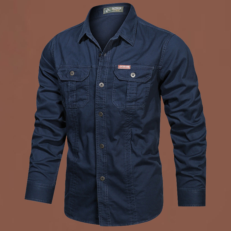 Solid Color Casual Long Sleeve Blouse For Men In Cotton With Lapel Collar