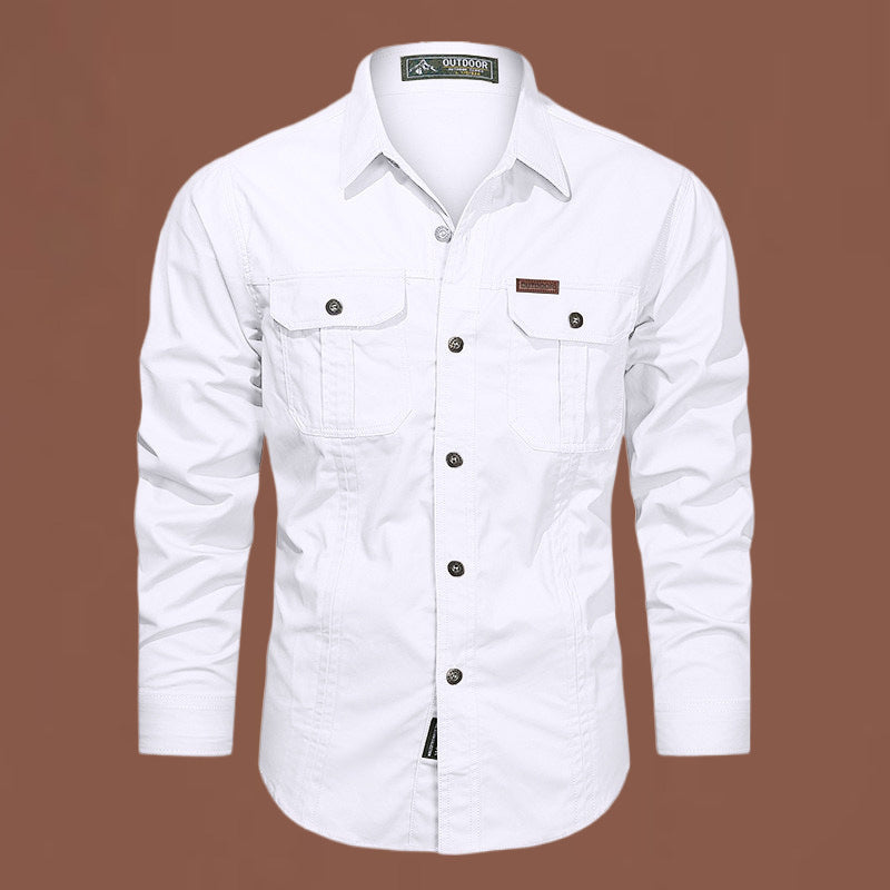 Solid Color Casual Long Sleeve Blouse For Men In Cotton With Lapel Collar