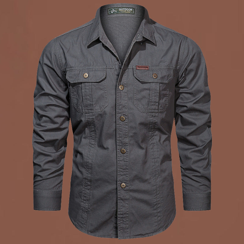 Solid Color Casual Long Sleeve Blouse For Men In Cotton With Lapel Collar