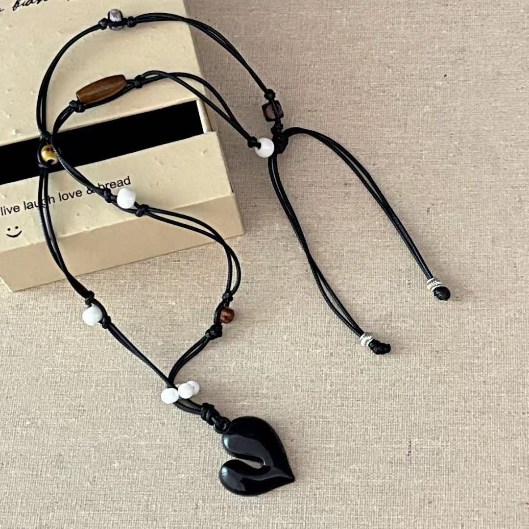 Heart Shape Beaded Pendant Necklace In Dyed Black Copper With Electroplated Finish For Women