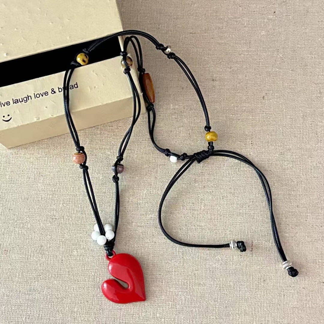 Heart Shape Beaded Pendant Necklace In Dyed Black Copper With Electroplated Finish For Women