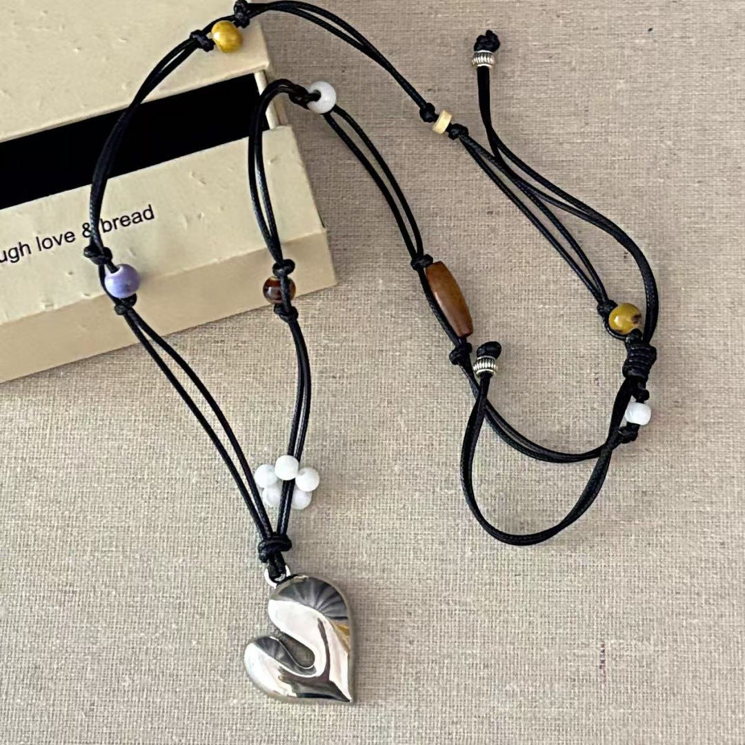Heart Shape Beaded Pendant Necklace In Dyed Black Copper With Electroplated Finish For Women