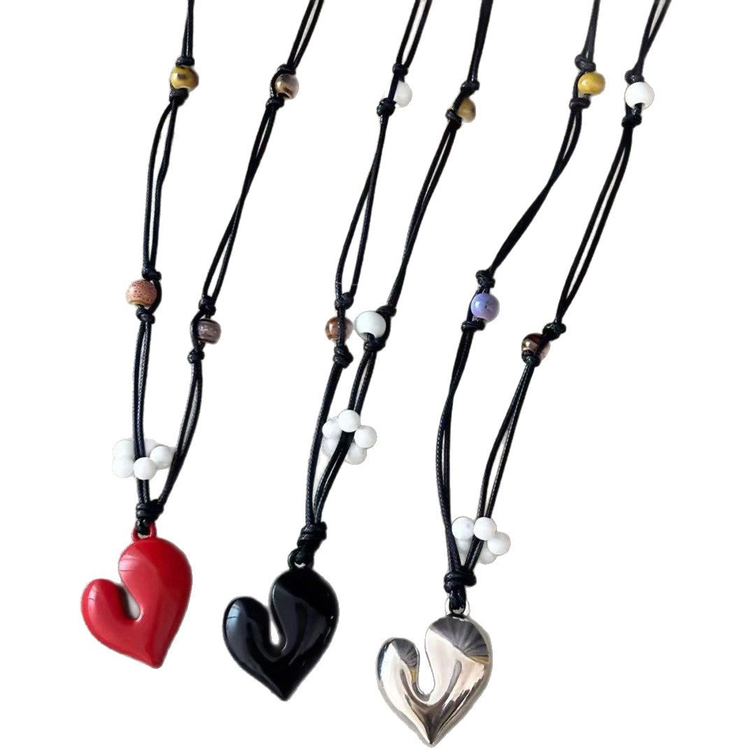 Heart Shape Beaded Pendant Necklace In Dyed Black Copper With Electroplated Finish For Women