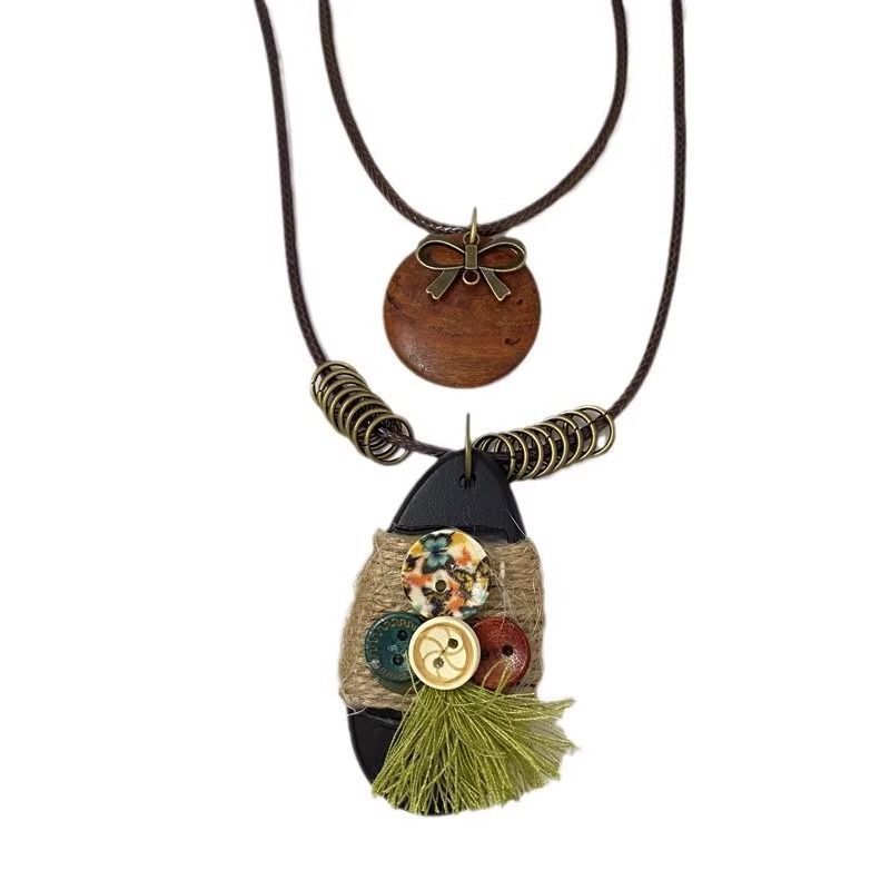 Ethnic Style Pendant Necklace For Women With Wood Braid Pendant In Coffer Color, Mixed Materials