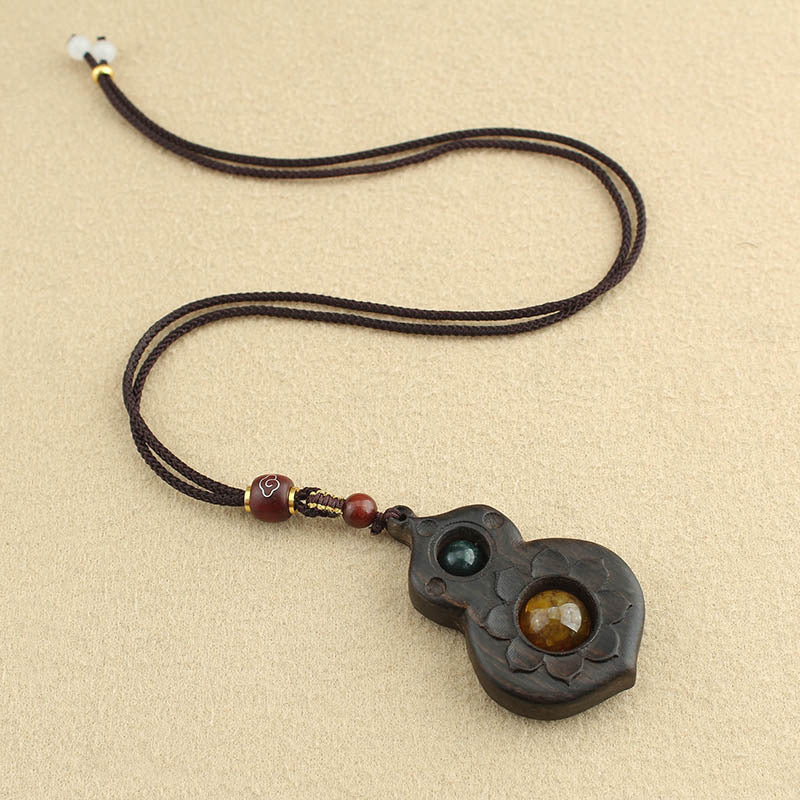 Handmade Ethnic Style Long Necklace With Wood Gourd Pendant And Woven Chain For Women