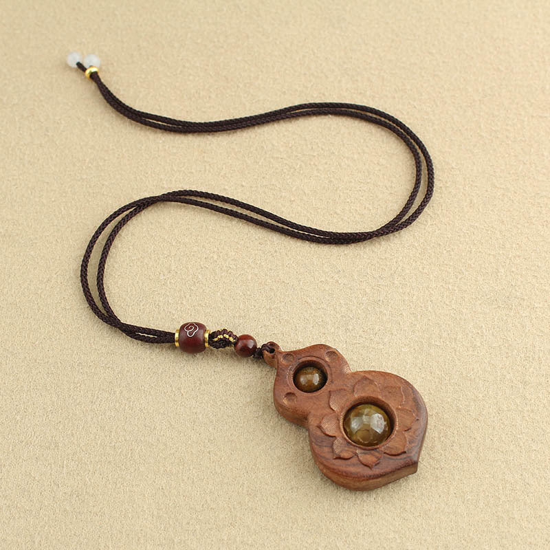 Handmade Ethnic Style Long Necklace With Wood Gourd Pendant And Woven Chain For Women