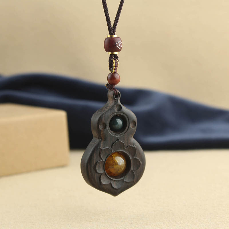Handmade Ethnic Style Long Necklace With Wood Gourd Pendant And Woven Chain For Women