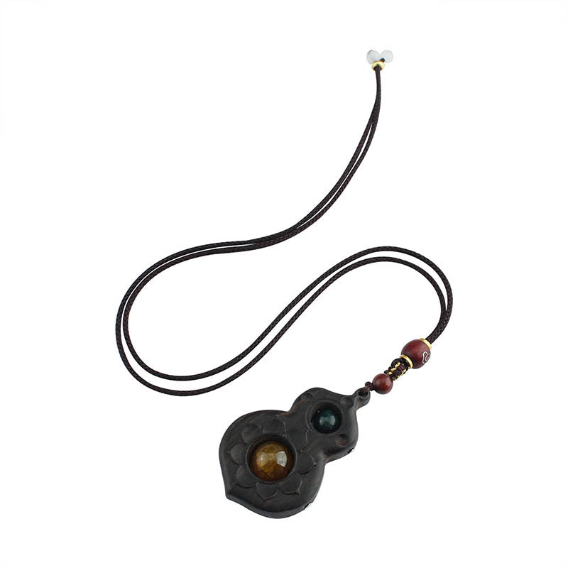 Handmade Ethnic Style Long Necklace With Wood Gourd Pendant And Woven Chain For Women
