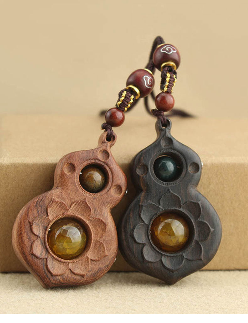 Handmade Ethnic Style Long Necklace With Wood Gourd Pendant And Woven Chain For Women