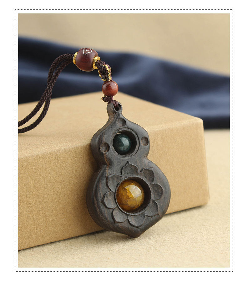 Handmade Ethnic Style Long Necklace With Wood Gourd Pendant And Woven Chain For Women