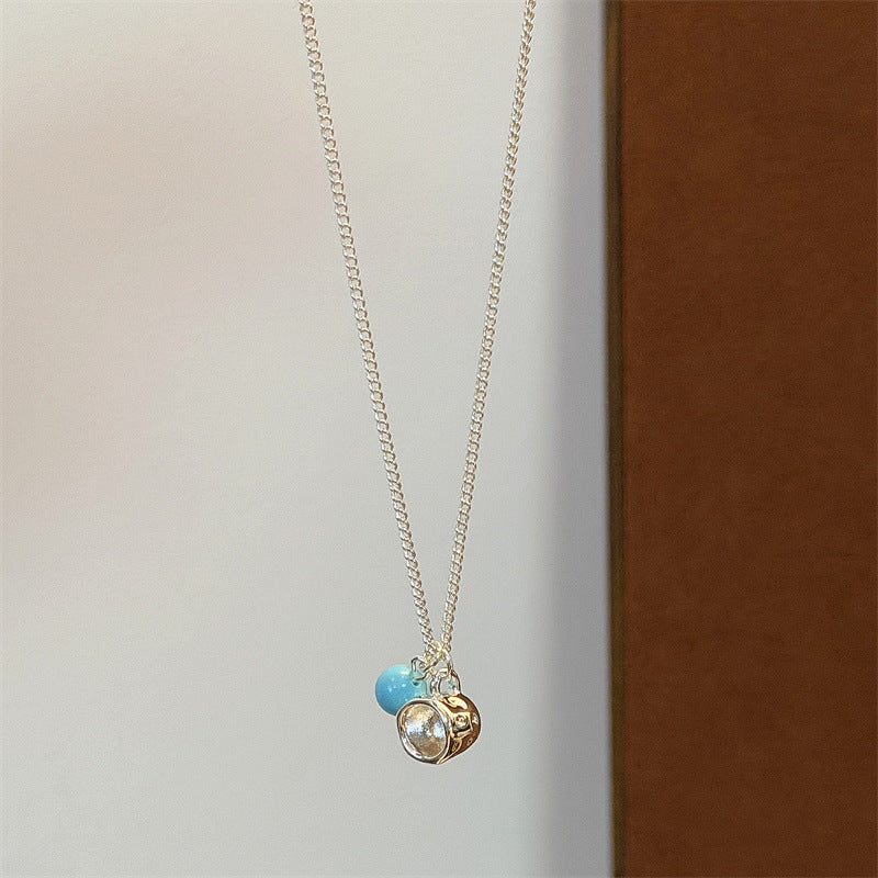 Cup Necklace For Women With Electroplated Metal Pendant In White And Blue, Featuring Micro Super Whisper Thin Chain