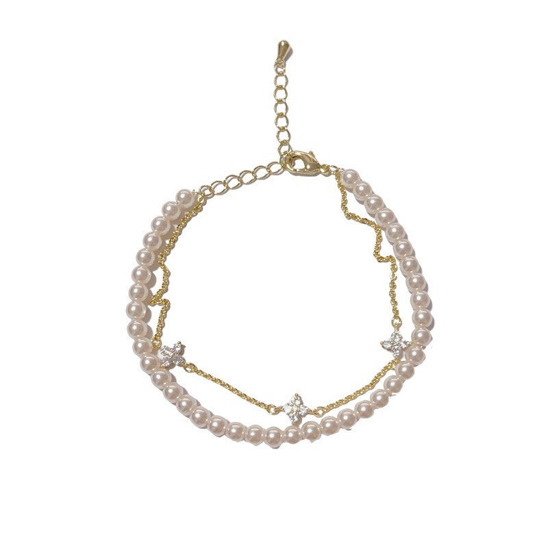 Real Gold Plated Copper Pearl Beading Bracelet For Women With Rhinestones Inlay