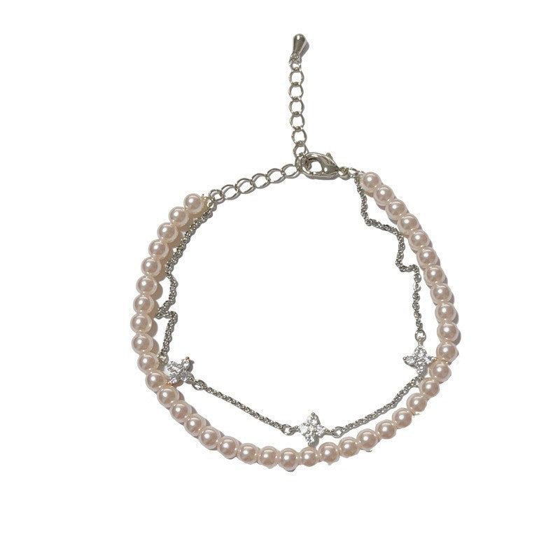 Real Gold Plated Copper Pearl Beading Bracelet For Women With Rhinestones Inlay