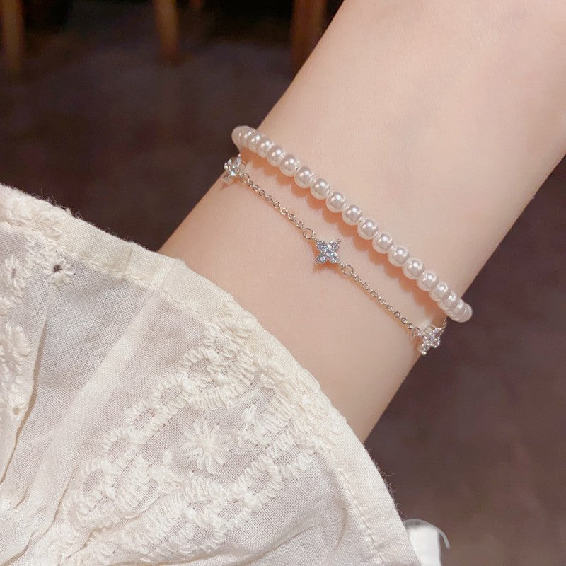 Real Gold Plated Copper Pearl Beading Bracelet For Women With Rhinestones Inlay
