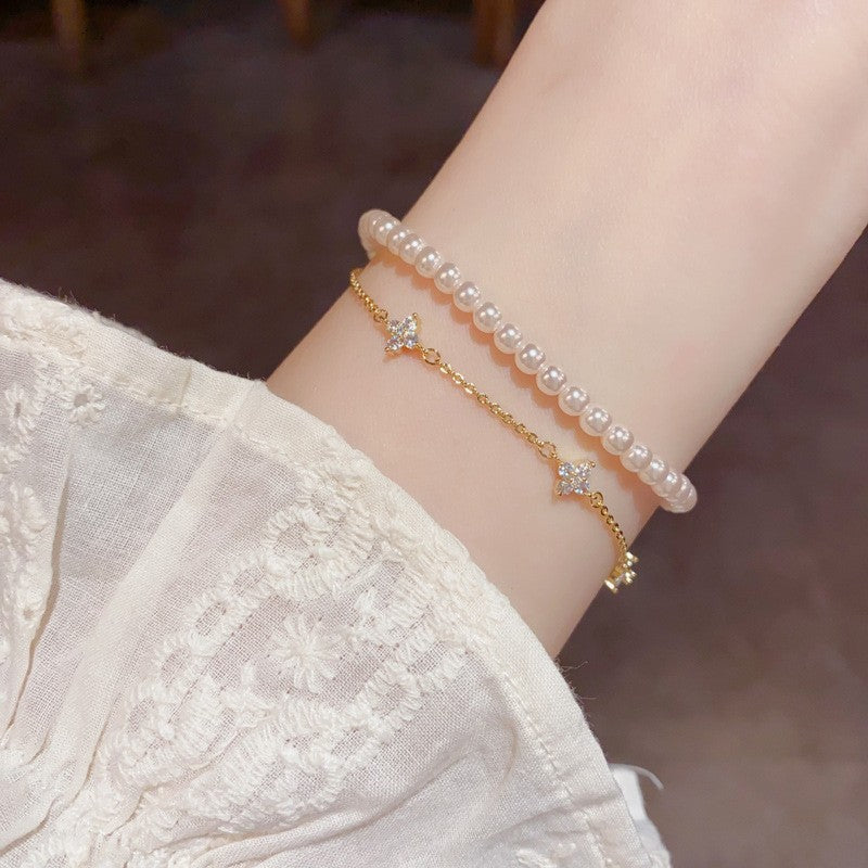 Real Gold Plated Copper Pearl Beading Bracelet For Women With Rhinestones Inlay