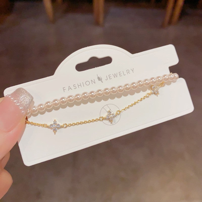 Real Gold Plated Copper Pearl Beading Bracelet For Women With Rhinestones Inlay