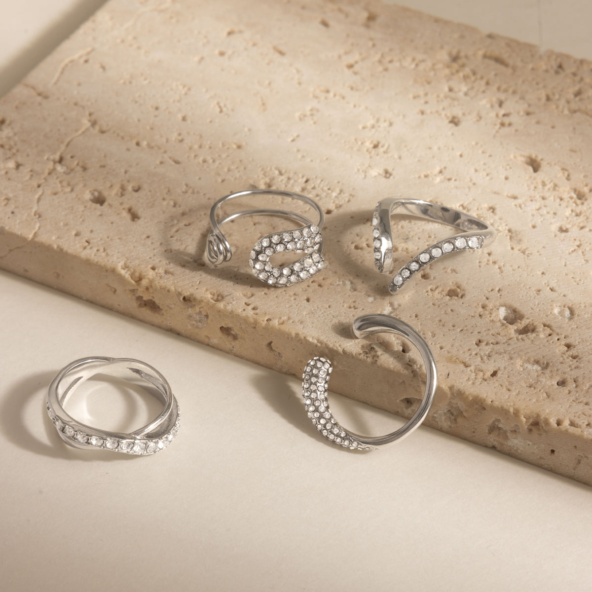 Geometric Waterproof Non Tarnish Rings For Women In 304 Stainless Steel With 18K Real Gold Plated PVD Coating And Rhinestone Inlay