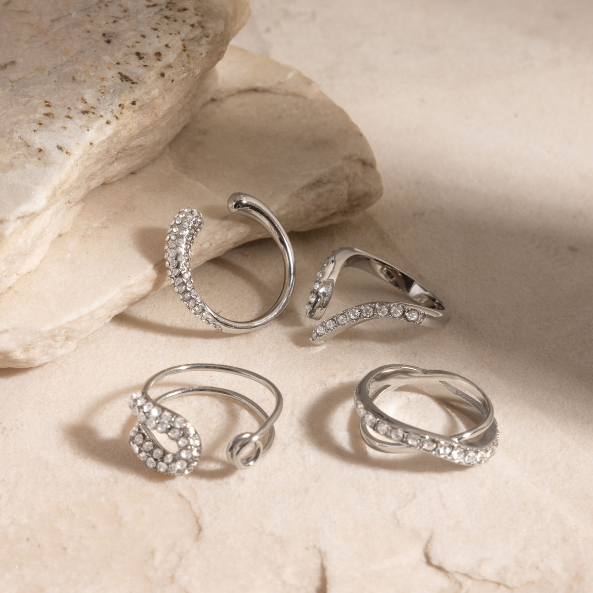 Geometric Waterproof Non Tarnish Rings For Women In 304 Stainless Steel With 18K Real Gold Plated PVD Coating And Rhinestone Inlay