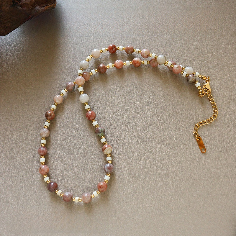 Bohemian Unisex Beaded Necklace With Copper Pendant And Colourful Beads On Beaded Chain