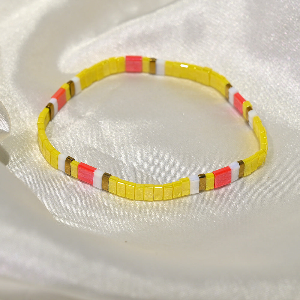 Ethnic Style Quadrilateral Beaded Bracelet For Women In Glass Color Featuring Glass Inlay Material