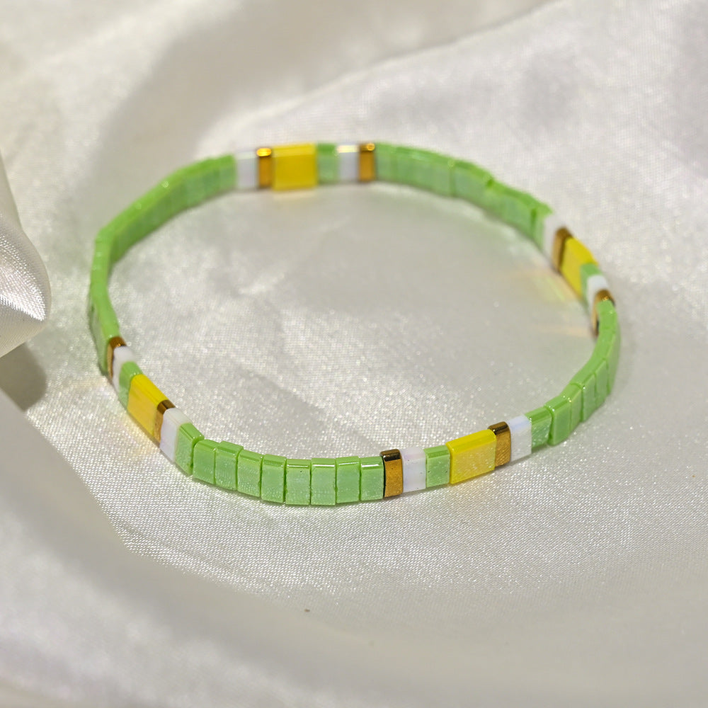 Ethnic Style Quadrilateral Beaded Bracelet For Women In Glass Color Featuring Glass Inlay Material