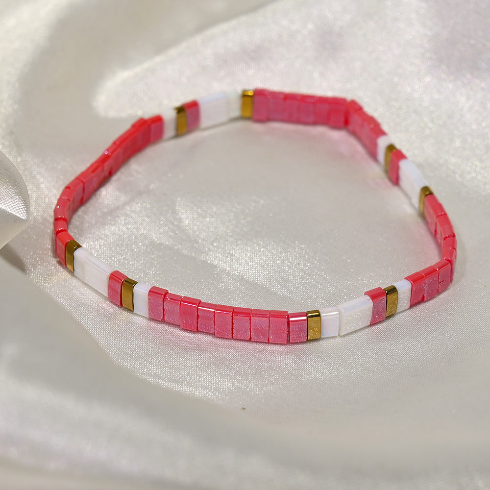 Ethnic Style Quadrilateral Beaded Bracelet For Women In Glass Color Featuring Glass Inlay Material