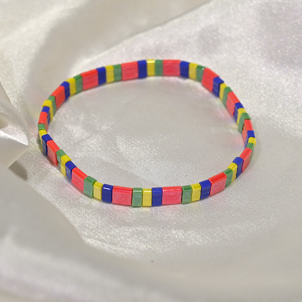 Ethnic Style Quadrilateral Beaded Bracelet For Women In Glass Color Featuring Glass Inlay Material