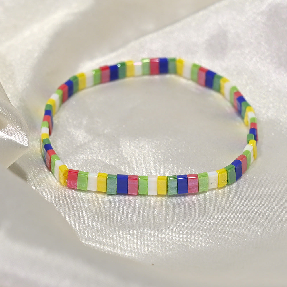 Ethnic Style Quadrilateral Beaded Bracelet For Women In Glass Color Featuring Glass Inlay Material