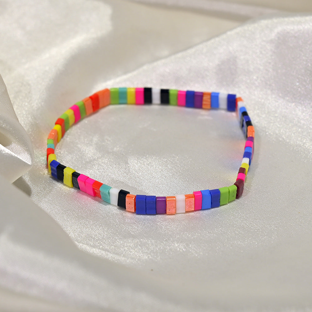 Ethnic Style Quadrilateral Beaded Bracelet For Women In Glass Color Featuring Glass Inlay Material