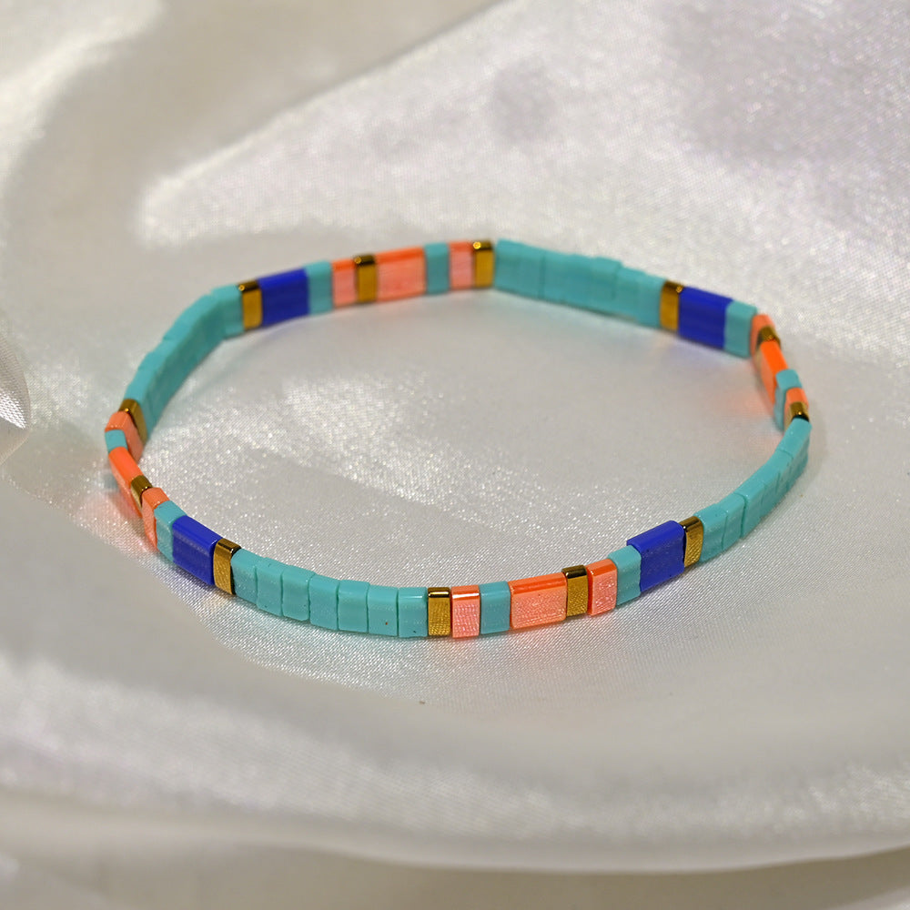 Ethnic Style Quadrilateral Beaded Bracelet For Women In Glass Color Featuring Glass Inlay Material
