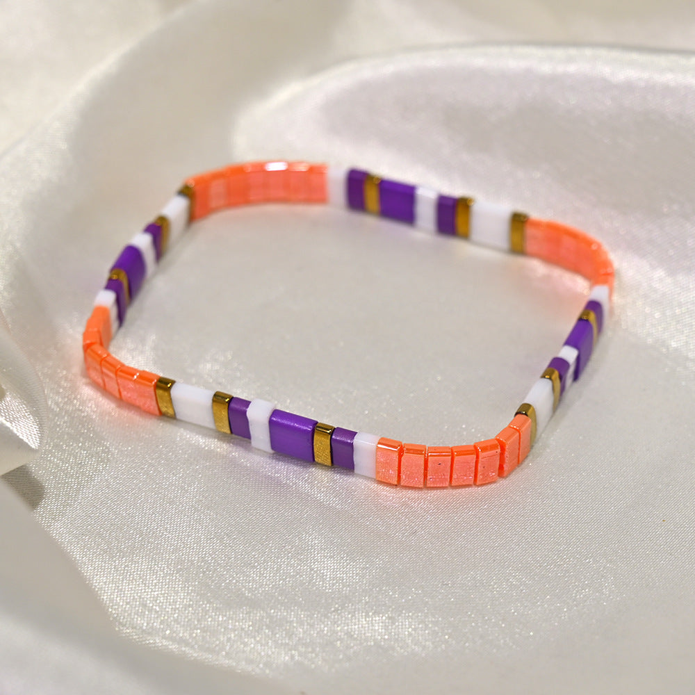 Ethnic Style Quadrilateral Beaded Bracelet For Women In Glass Color Featuring Glass Inlay Material