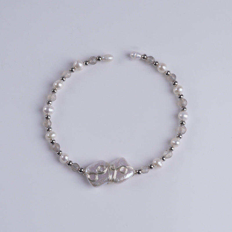 Handmade Freshwater Pearl Bangle Bracelet In Baroque Style For Women Featuring Baroque Pearl Shape