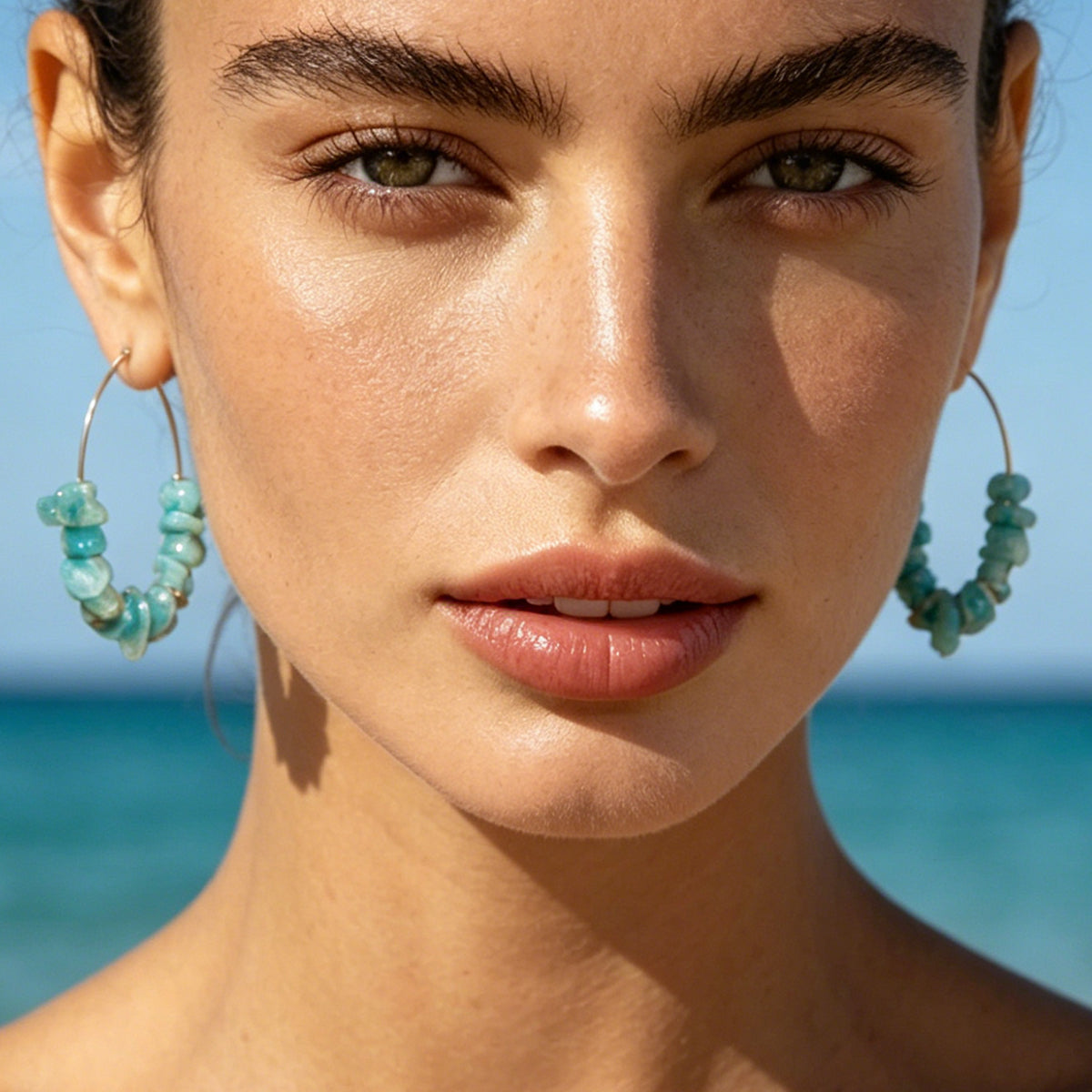 Bohemian Irregular Asymmetrical Hoop Earrings For Women With Natural Stone Amazonite And Alloy Ear Pins