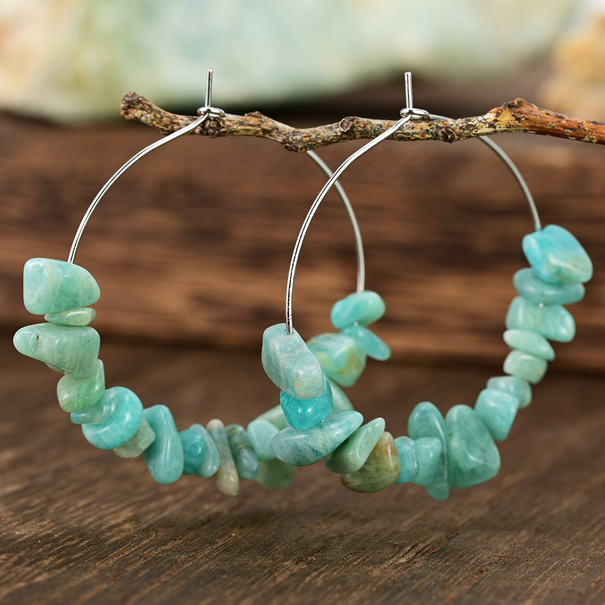 Bohemian Irregular Asymmetrical Hoop Earrings For Women With Natural Stone Amazonite And Alloy Ear Pins