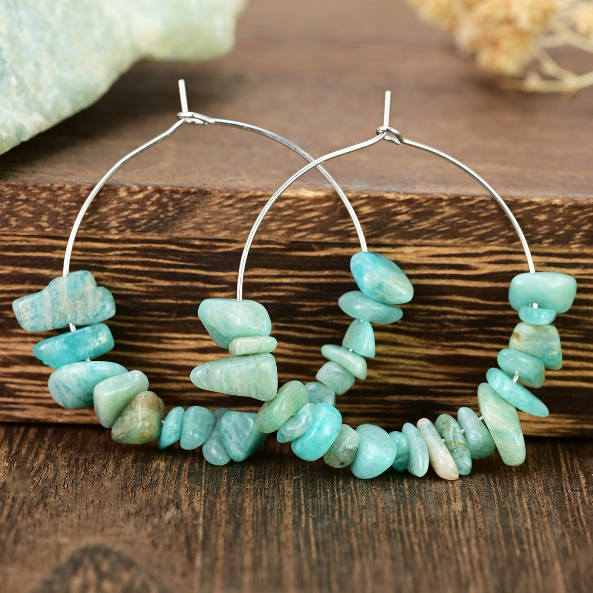Bohemian Irregular Asymmetrical Hoop Earrings For Women With Natural Stone Amazonite And Alloy Ear Pins