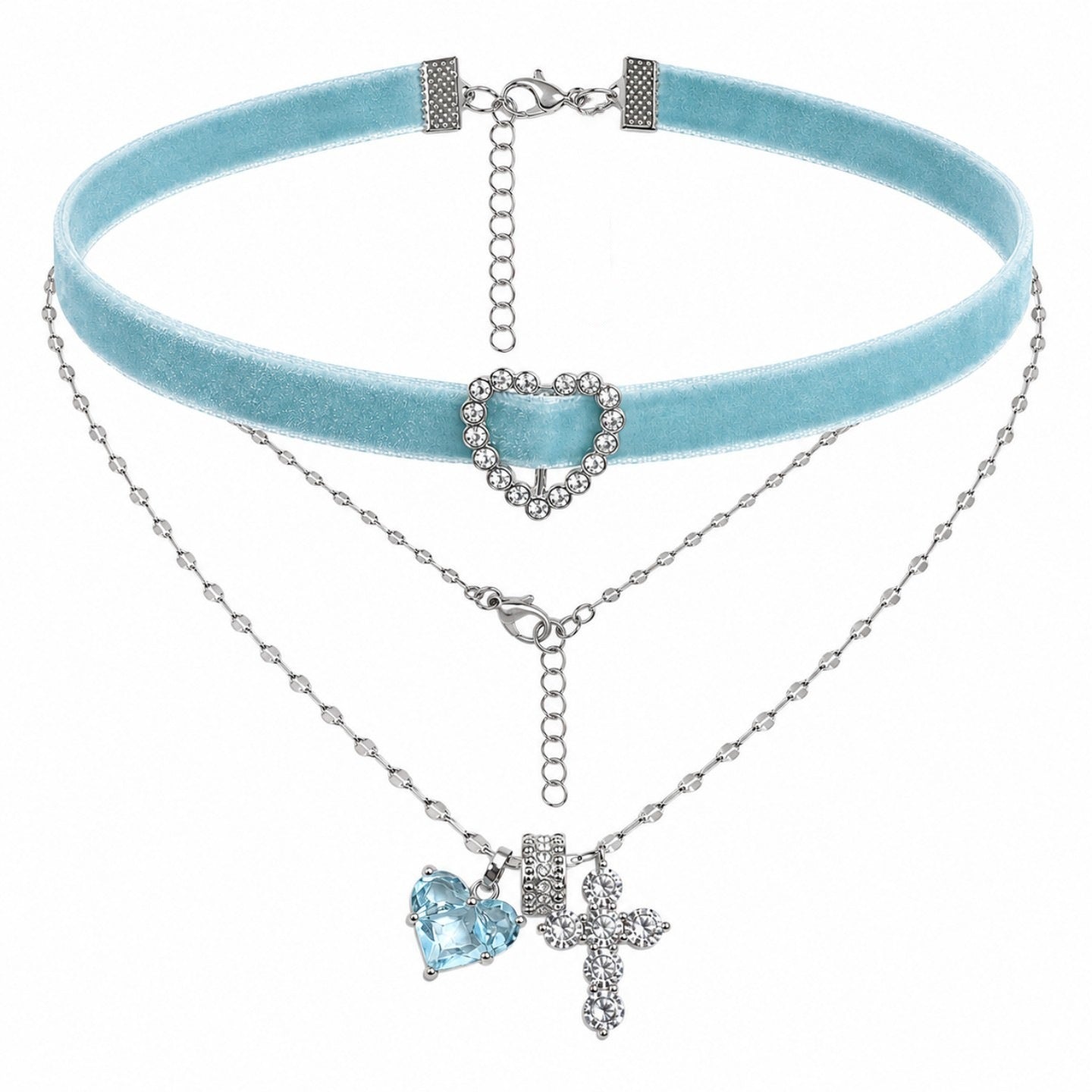Heart Shape Braid Choker Necklace For Women In Blue With Zircon Inlay And Mixed Materials