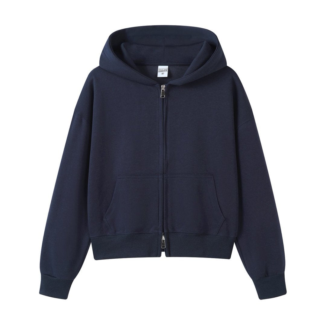 Men's Navy Blue Solid Color Hoodie With Long Sleeve In Cotton Blends Featuring Zipper Closure