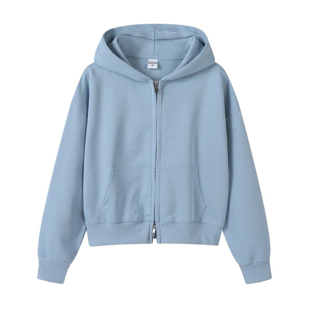 Men's Navy Blue Solid Color Hoodie With Long Sleeve In Cotton Blends Featuring Zipper Closure