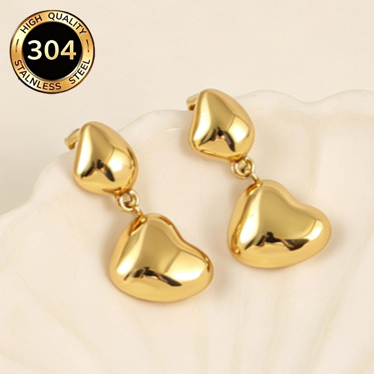 Heart Shape Hypoallergenic Earrings For Women, 304 Stainless Steel With 18K Real Gold Plated PVD Coating, 0.03µm Thickness