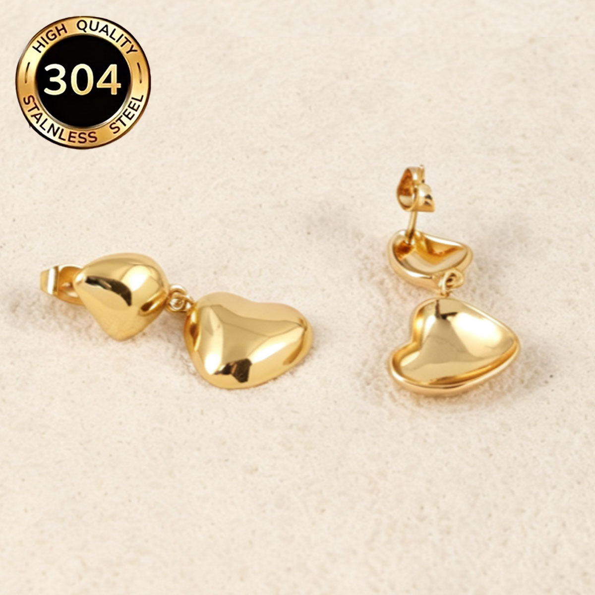 Heart Shape Hypoallergenic Earrings For Women, 304 Stainless Steel With 18K Real Gold Plated PVD Coating, 0.03µm Thickness