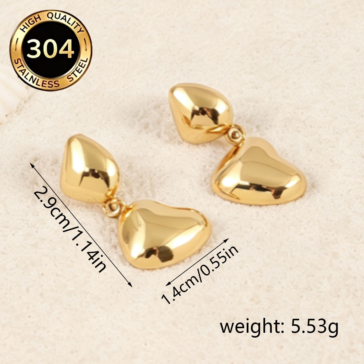 Heart Shape Hypoallergenic Earrings For Women, 304 Stainless Steel With 18K Real Gold Plated PVD Coating, 0.03µm Thickness