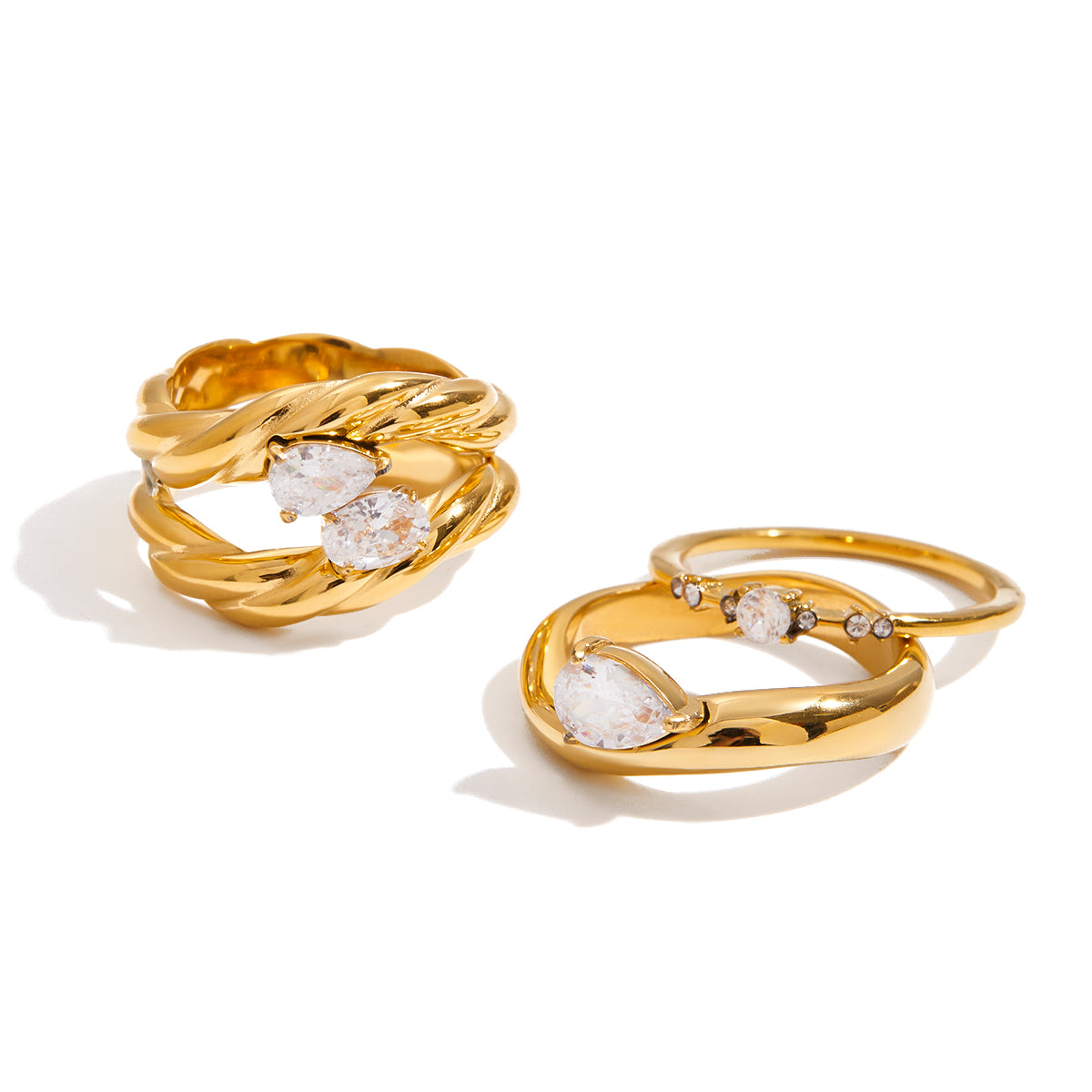 Geometric Waterproof Non Tarnish Rings For Women In 304 Stainless Steel With 18K Real Gold PVD Coating And Zircon Inlay